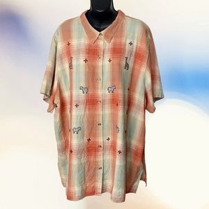 VICTORIA JONES Plus Size Button Down Plaid Shirt with Embroidered Safari Animals